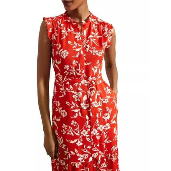 HOBBS London Dress size 6 Red Floral long line Elsa Ruffled Midi Country Office - Picture 4 of 14